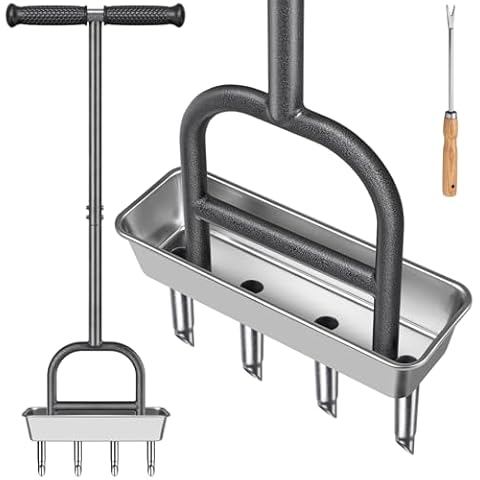 Dolibest Lawn Coring Aerator, Manual Lawn Aerator,4 Stainless Steel Corer Plug Aerator with Soil Core Storage Tray, Pre-Assembled Manual Grass Aerating Tool & Clean Hand Tool, Improving Lawn Health Cover