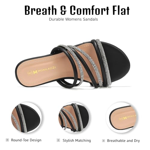 Women's Flat Sandals Rhinestone Strappy Slides With Soft Memory Foam Insole, Beach Leather Slippers Footwear for Summer Vacation3