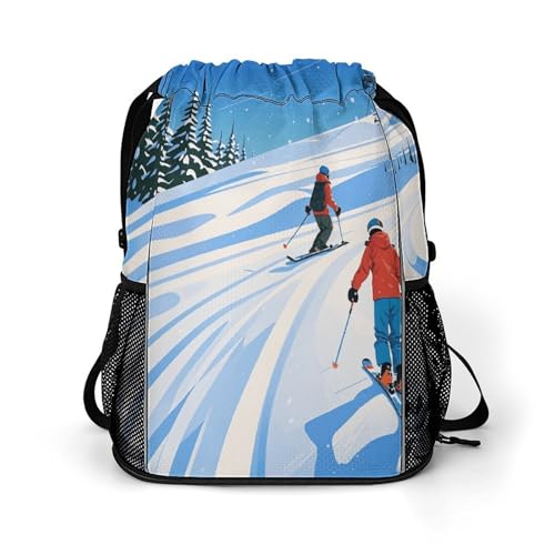 Waterproof Drawstring Gym Backpack with Shoe Compartment & Wet-Proof Pocket - Lightweight 28L Winter Sports Ski Theme Sports Backpack Travel Workout String Bag for Yoga Swim