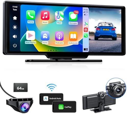 MC26 Wireless CarPlay, Android Auto with 4K/1080P Dash Cam Front and Rear, 9.3” Touchscreen Car Stereo with AirPlay, CarPlay Screen for Car, Loop Recording, Navigation, Free 64GB Card