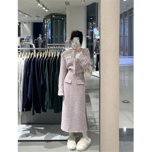 Women's Skirt Sets Pink O-Neck Flounce Short Coat+High Waist Wrap Hip Mid Length Skirt Small Fragrance Two Piece Clothing2