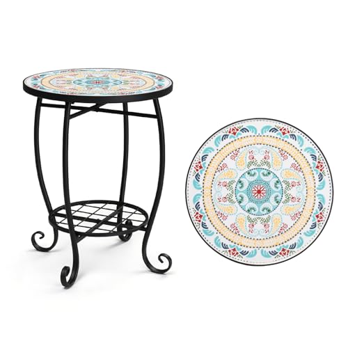 Bonnlo Mosaic Garden Table Small Outdoor Table with 35cm Ceramic Top Round Plant Stand for Garden/Balcony Moroccan Mint