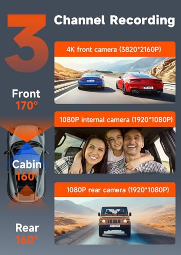 4K 3 Channel Dash Cam Front and Rear Inside, Wi-Fi Full HD Dash Camera for Cars, WDR Night Vision, 2 inch IPS Screen 32GB SD Card Included App Control, Parking Mode G-Sensor Support 256 GB Max image 2