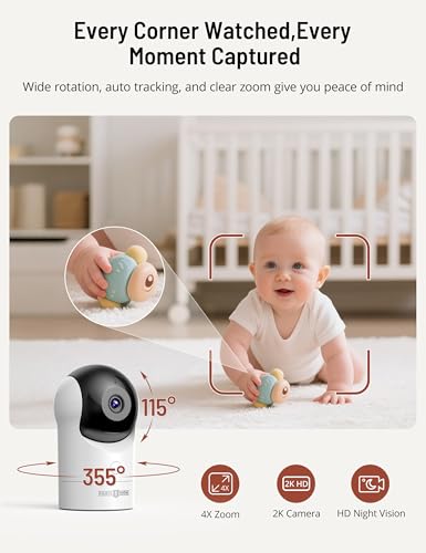 Image of 2K Smart AI Baby Monitor with 2 Cameras, Hybrid Split Screen App View | AI Cry and Roll Over Alerts, Auto Tracking PTZ, RGB Light with Lullabies, Hack-Proof Privacy, 1000ft Range Battery
