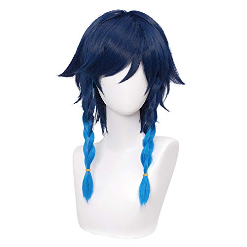 AmbackCosplay Wig Ombre Blue Braid Wig for Game Cosplay Gradient Party Wigs