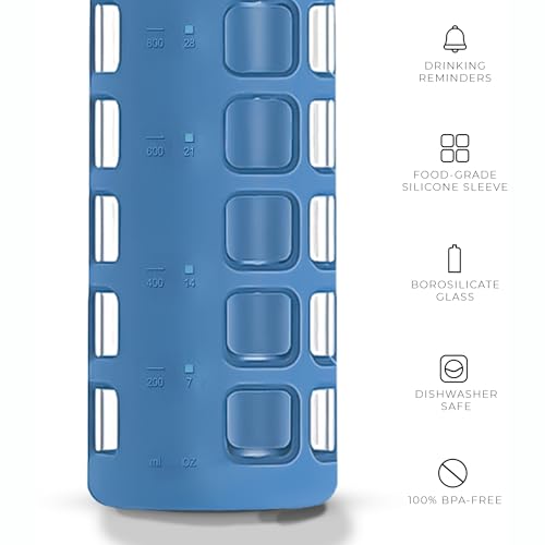 purifyou 40oz / 32oz / 22oz / 12oz Borosilicate Glass Water Bottle with Time & Volume Markers, Silicone Sleeve, Stainless Steel Lid | Reusable Glass Bottle for Water & Juice (40oz Chinese Porcelain)