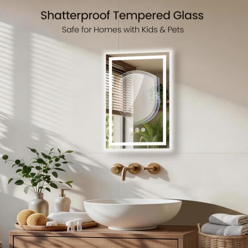 Image of 20x28 LED Bathroom Mirror with Anti-Fog, Backlit & Front Lit, Memory | Stepless Dimmable 3 Color CRI 95+ Shatterproof Tempered Glass ETL Listed for Safety Lighted Bathroom Vanity Mirror for Wall