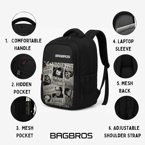 Image of Bagbros Onepiece Anime Printed Backpack Wanted Poster Printed Laptop Bagpack | 30L One Piece Anime Print LUFFY Waterproof Backpack Multi-Storage Designer Ergonomic Bag,Laptop Bags,School Bag