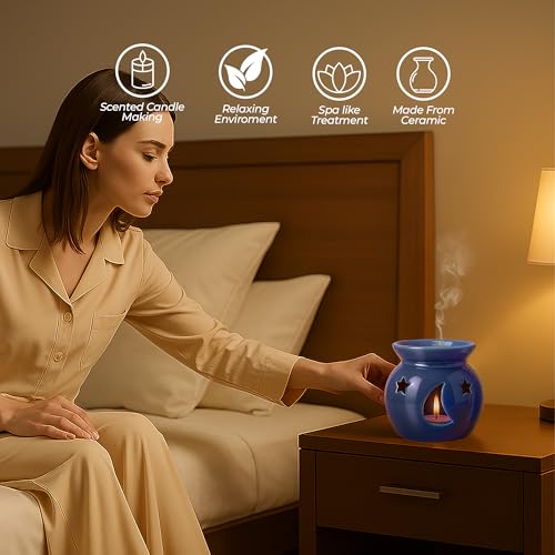 Image of Floryn Decor Ceramic Oil Diffuser Set with 5ml Essential Oil & 2 Tealight Candles | Aromatherapy Burner for Home, Bedroom, Spa & Office | Relaxing Fragrance, Compact Size - Gift Pack Blue