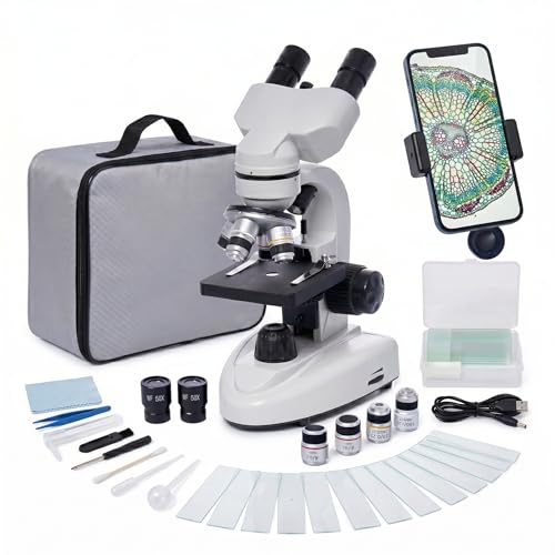 Microscopes binoculaires, microscopes biologiques composés 200X-5000X avec multiplicateur 6x, ensemble de lames et adaptateur de téléphone pour étudiants,...