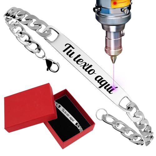 ErenBros Esclava hombre personalizada con grabado láser | Pulsera personalizada de acero inoxidable | Regalo cumpleaños y día del padre (GRABADO, 18 CM)