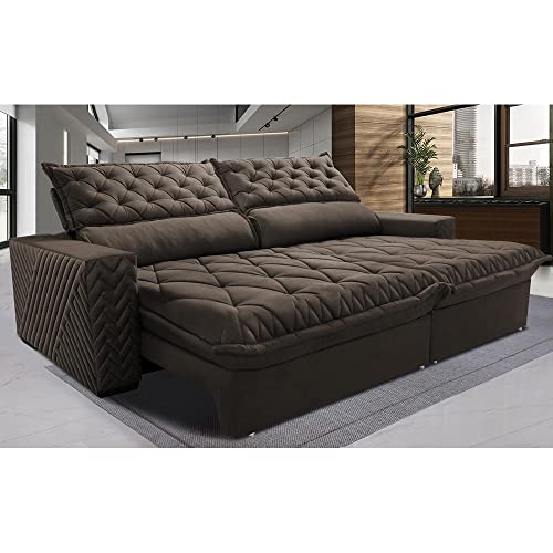 Sofá Retrátil e Reclinável 3,15m Molas Ensacadas Cama Inbox Spazus com Bordado 3d Velusoft Café