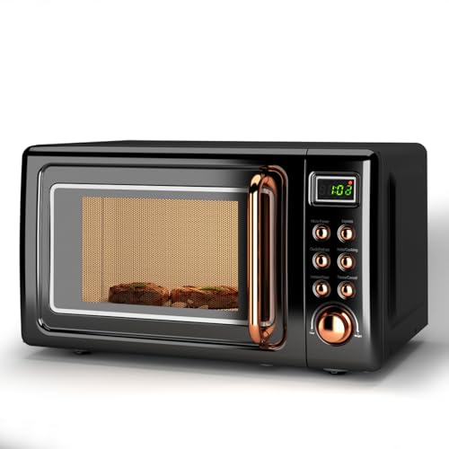 Image of LDAILY 0.7Cu.ft Retro Small Microwave Oven, 700W Compact Countertop Microwave with 5 Power Levels, Auto Cooking Menus, Glass Turntable, Child Lock & Glass Turntable for Apartment, Dorm (Golden)