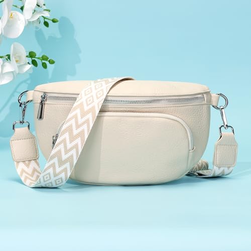 Rorimyth Bauchtasche Damen Beige Umhängetasche Damen Klein Veganes Leder Handtasche Crossbody Bag Gürteltasche Brusttasche Hüfttasche