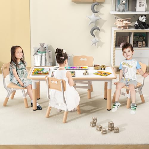 INFANS-Kids-Table-and-Chiar-Set-Height-Adjustable-Toddler-Desk-and-4-Chairs-with-Graffiti-Desktop-Non-Slip-Legs-Large-47-L-x-235-W-Multi-Activity-Art-Table-for-Daycare-Classroom-Home-Natural INFANS Kids Table and Chiar Set Height Adjustable Toddler Desk and 4 Chairs with Graffiti Desktop Non Slip Legs Large 47 L x 235 W Multi Activity Art Table for Daycare Classroom Home Natural