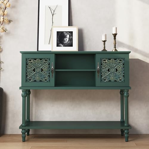 ARTPOWER Vintage Console Table with Hand-Carved Doors, 42" Narrow Entryway