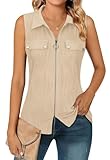 Flikity Womens Vest Tops Sleeveless Tops for Women UK Summer Tank Tops Fashion Dressy Casual Blouses Zip Front Collared V Neck Polo Shirts Business Casual Outfits Apricot L