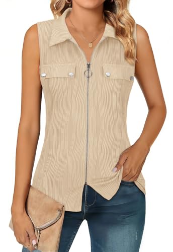 Image of Flikity Womens Vest Tops Sleeveless Tops for Women UK Summer Tank Tops Fashion Dressy Casual Blouses Zip Front Collared V Neck Polo Shirts Business Casual Outfits Apricot L
