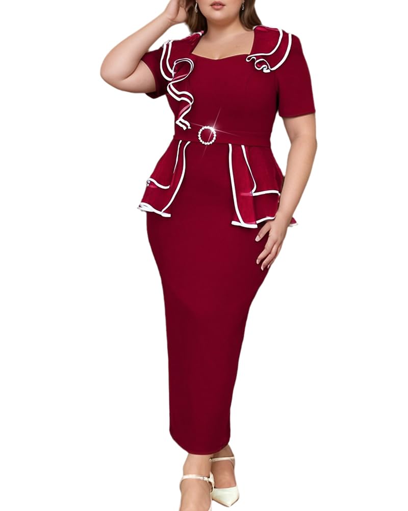 ONTINVA Color Block Elegant Dresses for Women Vintage Wear to Work Short Sleeve Cocktail Business Long Pencil Dress