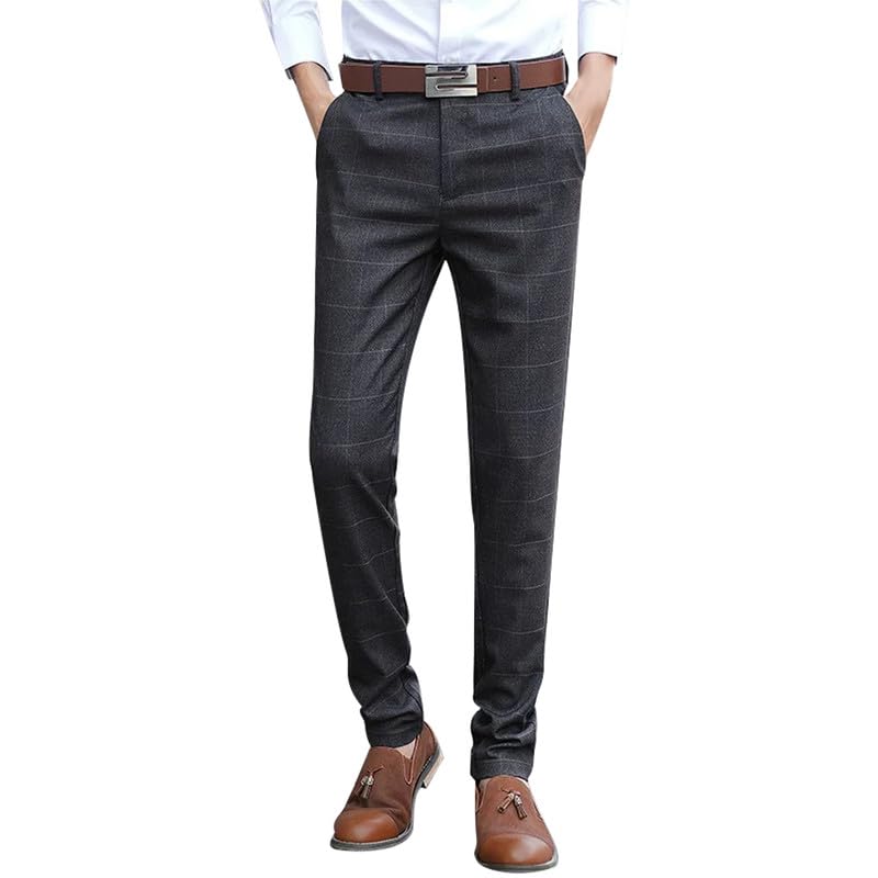 Men's Plaid Dress Pants Slim Fit Checked Casual Business Suit Trousers with Pockets