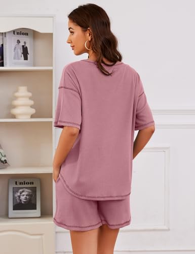 Image of Womens Pajama Sets Waffle Knit 2 Piece Short Lounge Set Cute Sleep Loungewear Pjs Set Short Sleeve Top and Shorts