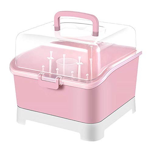 shounahe Babyflasche Aufbewahrungsbox Baby Lieferungen mit Abdeckung Staub Geschirr Aufbewahrungsbox Ablauf Trocknen Rack (Farbe : Pink)