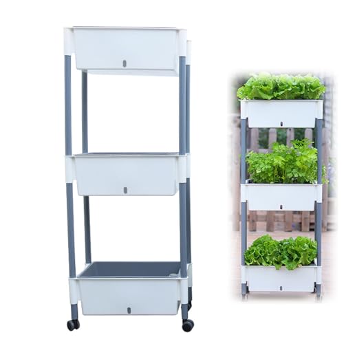 Hochbeet,Vertikalbeet mit Rollen 2 Etagen Blumenkasten Gemüsebeet Kräuterbeet Kunststoff Pflanztisch Selbstbewässerndes Pflanzkasten für Terrasse Balkon Wintergarten Garten (3 Etagen)