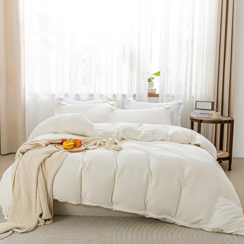Image of SheRest Beige Duvet Cover King Size - Soft Brushed Microfiber, 3 Pieces, 1 Duvet Cover 104x90 Inches with Zipper Closure 8 Ties & 2 Pillow Shams, Breathable Bedding Set for All Season (No Comforter)