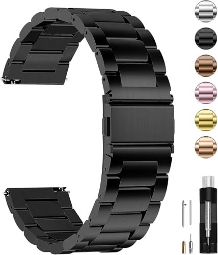 Alriedy Correa de reloj de 22 mm, acero inoxidable y metal para reloj inteligente, compatible con Galaxy Watch 3, Huawei Watch, Garmin Vivoactive, con cierre rápido, negro, para hombre y mujer