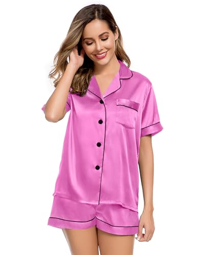 Image of LecGee Womens Silk Satin Pajamas Short Sleeve Loungewear Two-Piece Sleepwear Button-Down Pj Set