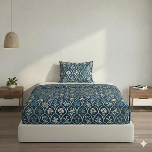 Image of DECOMIZER Cotton Feel All Around Elastic Fitted Glace Printed Single Bed Bedsheet with 1 Large Pillow Cover Fits Upto Mattress of 6 Inches,Size - 42 x 75 x 8 Inches, Navy Jaipuri