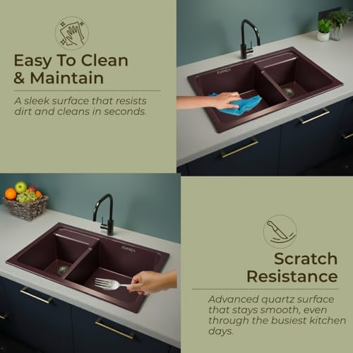 Image of EVANEX Quartz Kitchen Sink | 31x18x9 Inch Double Bowl Sink for Kitchen | Granite Topmount /Undermount Kitchen Sinks | Brown Double Sink with Connector, Waste Pipe, Coupling and Drain Basket