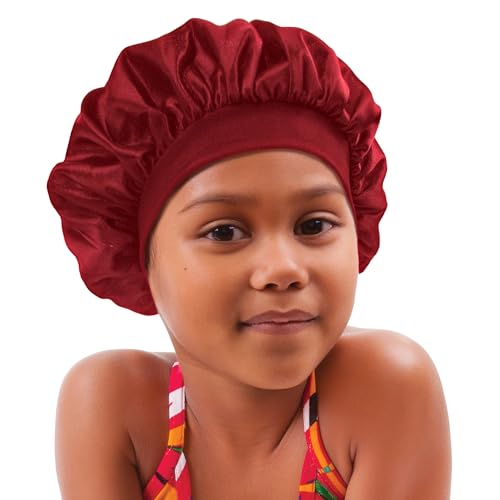 DONNA Comfort Band Kids Bonnet – Soft & Silky Satin Sleep Cap for Girls, Wide Elastic Band Design, Gentle Hair Protection for Children, Stays On All Night, Red Colors