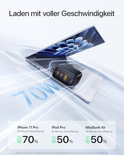 Baseus Enerfill 70W USB C Ladegerät, 3-Port GaN6 Schnellladegerät, kompaktes Netzteil für MacBook Air, iPhone 17/16/15 Pro Max, iPad Pro… – Ansicht 2