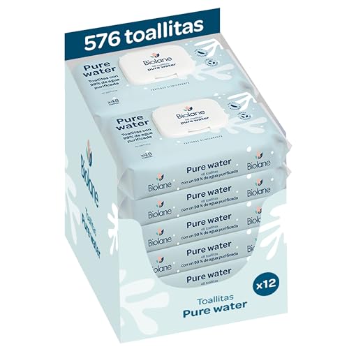 Biolane - Toallitas Pure Water Bebé, 576 Toallitas (12 Paquetes de 48 Unidades), 99 % Agua Purificada, Solo 4 Ingredientes, Sin Perfume, Piel Sensible, Bebés y recién nacidos, Fibras 100 % Vegetales