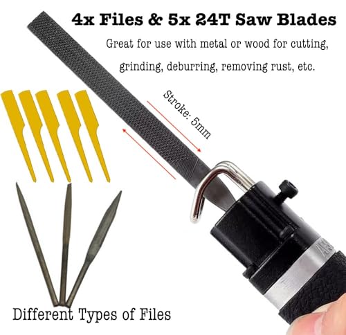 Multi-function Air Reciprocating Saw, 8000SPM Power Reciprocating Saw with 4 Files & 5 Saw Blades, Low Vibration Pneumatic Tool for Metal Wood Cutting Grinding Deburring, Stroke 5mm