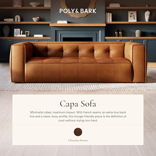 Image of Poly & BARK Capa 92 inch Sofa - Saddle Tan Full-Grain Pure-Aniline Italian Leather, Boxy Modern Design, Feather-Fiber Cushions, Solid Wood Frame