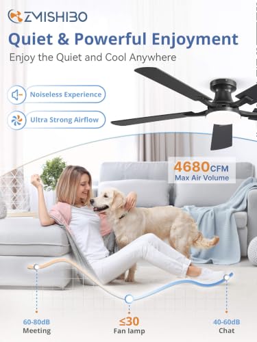 Image of ZMISHIBO 52 Inch Ceiling Fans with Lights, Remote&App Control, Flush Mount | Low Profile, Dimmable 20W LED Light, Quiet Reversible Motor, Strong Airflow, Easy Install for Bedroom /Living Room /Apt, Black