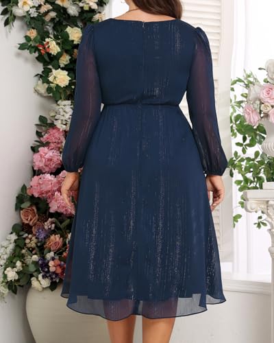 Image of Talisea Plus Size Cocktail Dress - Formal Wedding Guest Fall Long Sleeve A Line Pleated V Neck Midi Dresses for Curvy Women