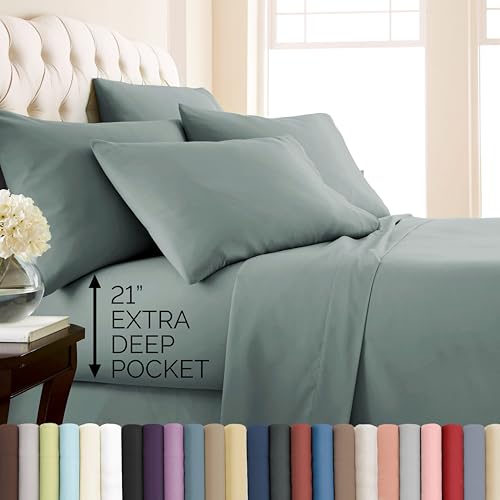 Southshore Fine Living, Inc. 6-Piece Queen Bed Sheets Set, 21-Inch Deep Pocket Sheets Queen Size Bed Set, Oversized Flat Sheet, Microfiber Bedding, Steel Blue Pillow Cases, Steel Blue Bedding