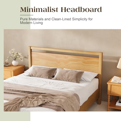 Image of AMERLIFE Queen Size Solid Wood Bed Frame with Headboard, Minimalist Platform Bed with Wood Slats Support /No Box Spring Needed /Easy Assembly /Noise-Free, Natural