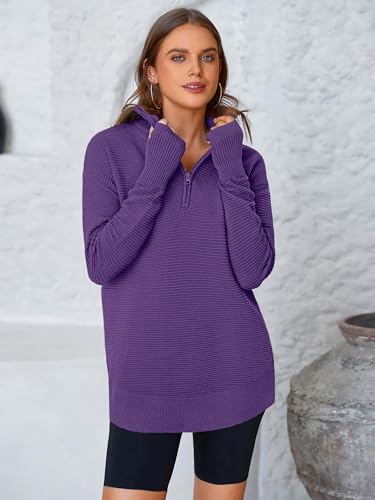 Image of PRETTYGARDEN Womens Long Sleeve Quarter Zip Pullover Sweater | Casual Loose V Neck Sweaters with Thumb Hole, Collared Ribbed Knit Jumper Tops, Oversized Tunic Tops, Fall Outfits 2026