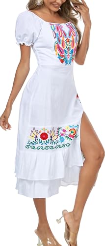 Image of YZXDORWJ Mexican Dress for Women Boho Embroidered Sexy Ruffle Maxi Dress Short Sleeve Summer Beach Wedding Party Dress
