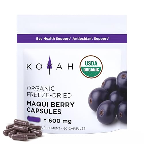 KOYAH Organic Maqui Berry Capsules - Freeze-Dried, Whole-Berry, 600 mg, Vegan, Gluten-Free, Non-GMO. Eye Health Support. Antioxidant Support. 60 Capsules