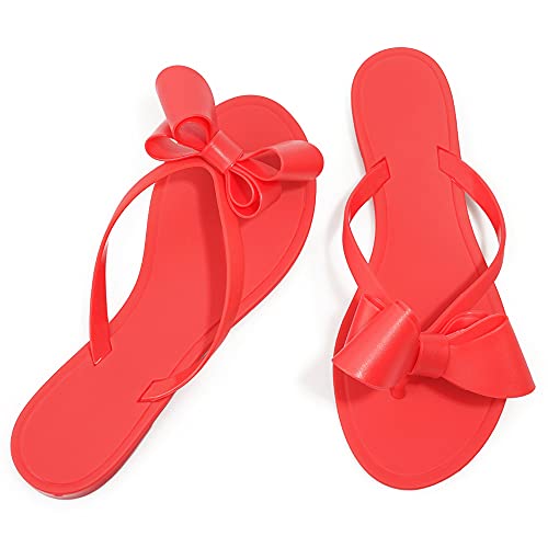 Image of TYFLOVE Women Rivet Flip Flops Studded Jelly Thong Sandals with Bow Summer Bowtie Flat Beach Rain Shoes
