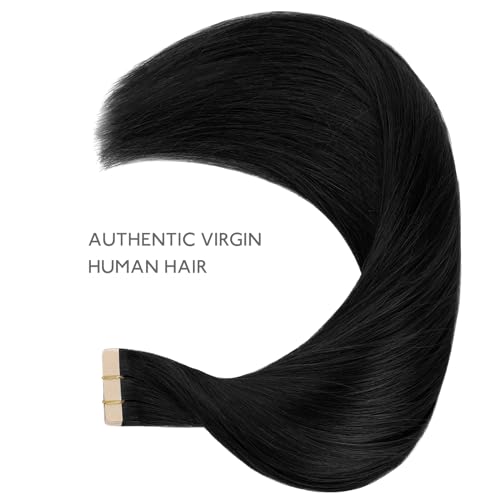 Image of Wennalife Tape in Hair Extensions Human Hair Jet Black Tape in Extensions, 10pcs 20g 10 inch Remy Invisible Tape Ins Straight Colored Soft Real Human Hair Tape in Extensions Refill Set Extensions