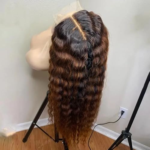 Highlight #1B/30 Medium Auburn Ombre Color Human Hair Wigs With Baby Hair Invisible 13x6 HD Lace Front Wigs Deep Wave Pre Plucked 150% Density Remy Brazilian Hair Glueless Wig For Women 18 Inch