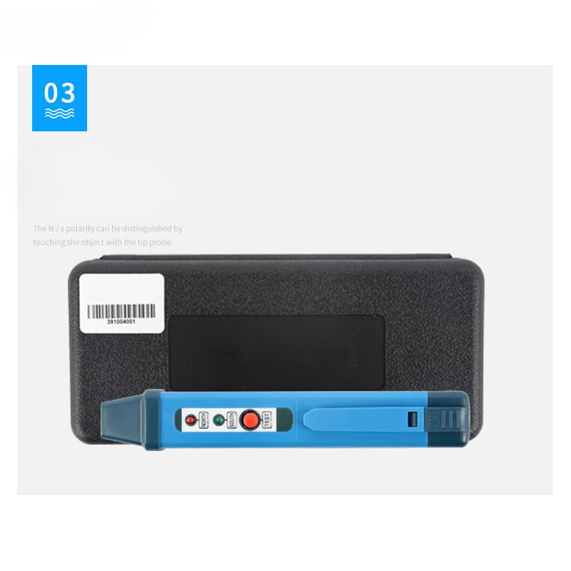 The GOYOJO AMST-B Magnetic Pole Identification Pen resting next to its black protective case, showing the test button and LED indicators.