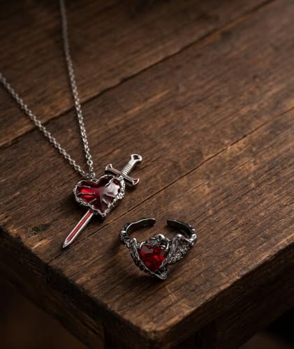 Buy Gothic Necklace, Gothic Rings, Set of 3 Pieces, Dark Red Heart and Sword Pendant Necklaces with Ring, Gothic Fashion Accessories for Concerts, Themed Events and Daily Alternative Style Wear at Amazon.in - Image 4