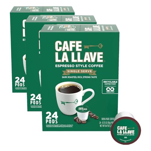 Image of Cafe La Llave 24 Count Dark Roast Coffee Pods, Espresso Style, Compatible with Keurig Brewers, Single Serve Rich Bold Flavor (Pack of 3)